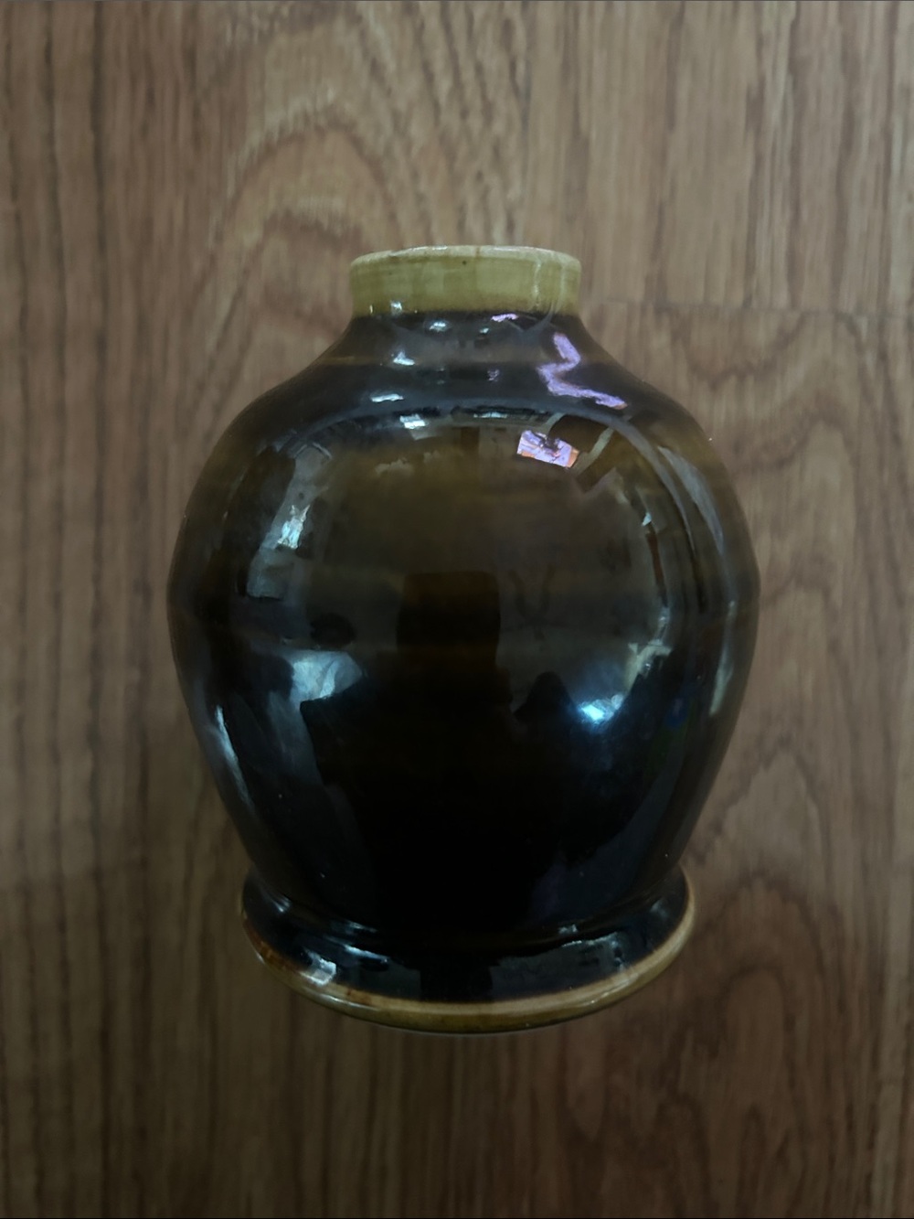 Dark Brown Glazed Ceramic Vase with Tan Rim - Picture 3 of 8